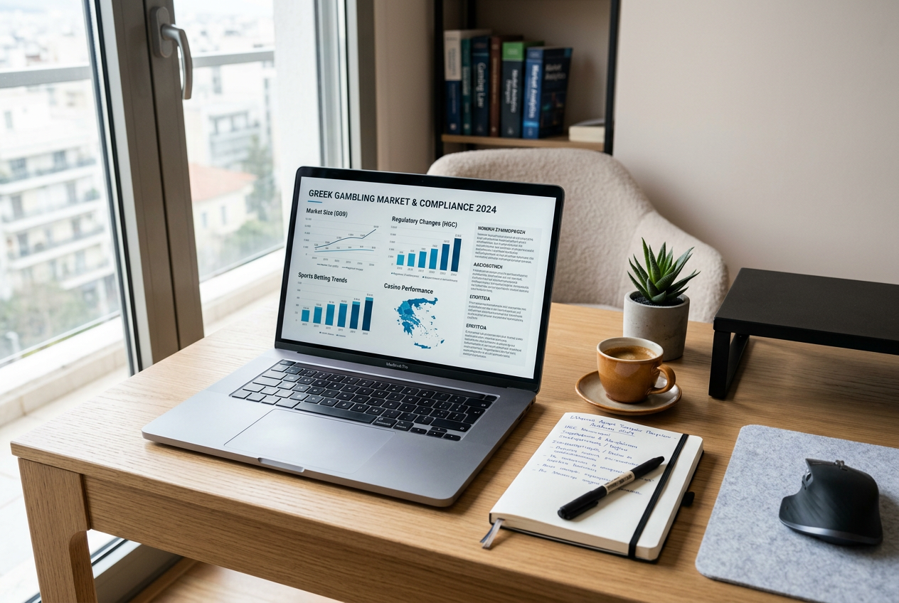 A laptop on a desk showing Greek market gambling statistics and legal compliance charts.